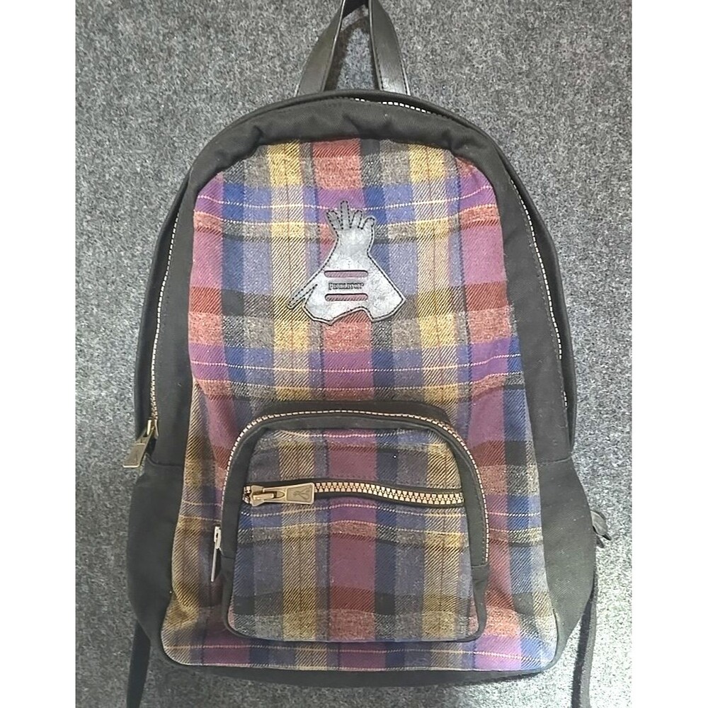 Pendleton Tartan Plaid Wool Backpack w/Leather Handle Metal Zips